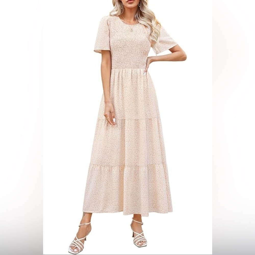 Zesica Tan Brown Smocked Tiered Boho Maxi Dress